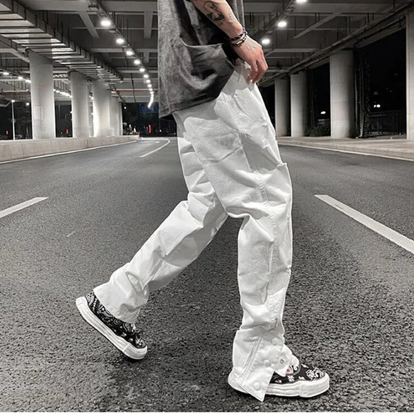 mens hole ripped white ankle zipper button jeans pants straight pockets solid color high street retro loose denim trousers stacked flare jeans