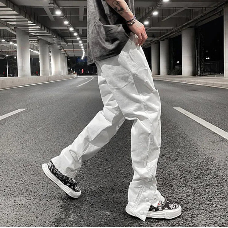 mens hole ripped white ankle zipper button jeans pants straight pockets solid color high street retro loose denim trousers stacked flare jeans