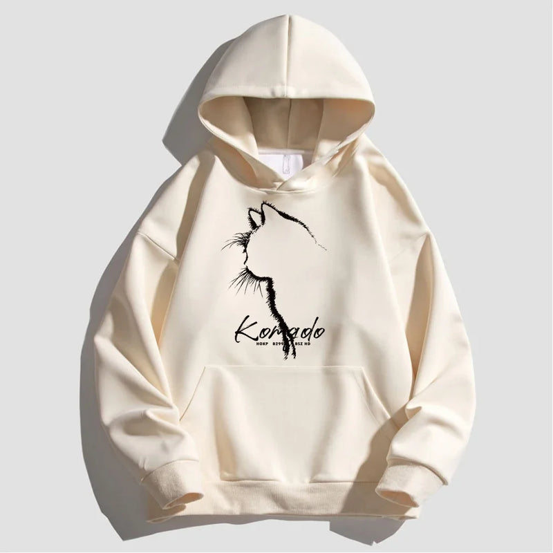 Autumn Men's Cotton Hoodie Winter Women's Warm Hoodie Sketching Cat Print Large Top Japan Harajuku High Quality Men's Clothing