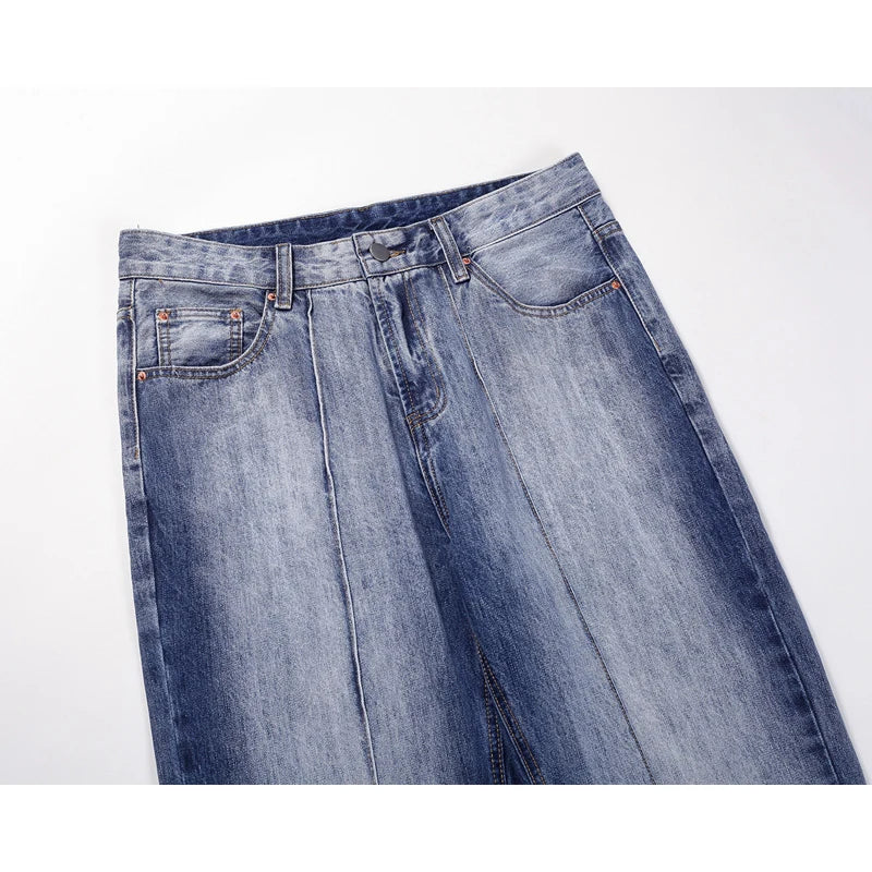 american vintage trendy deconstructed ruffled denim jeans mens flared distressed jeans pants high street straight jeans for male vintage washed jeans