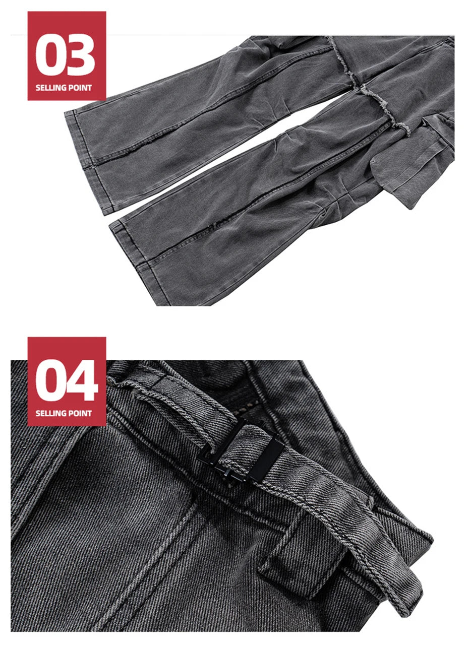 hi street black jeans side pockets patchwork cargo denim pants men streetwear hip hop baggy jeans trousers loose straight jeans unique cargo style 1869