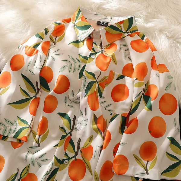 Gothic Streetwear – Orange Cute Fruit Peaches Full Print Shirts Loose Half Sleev – Modern Streetwear for Everyone