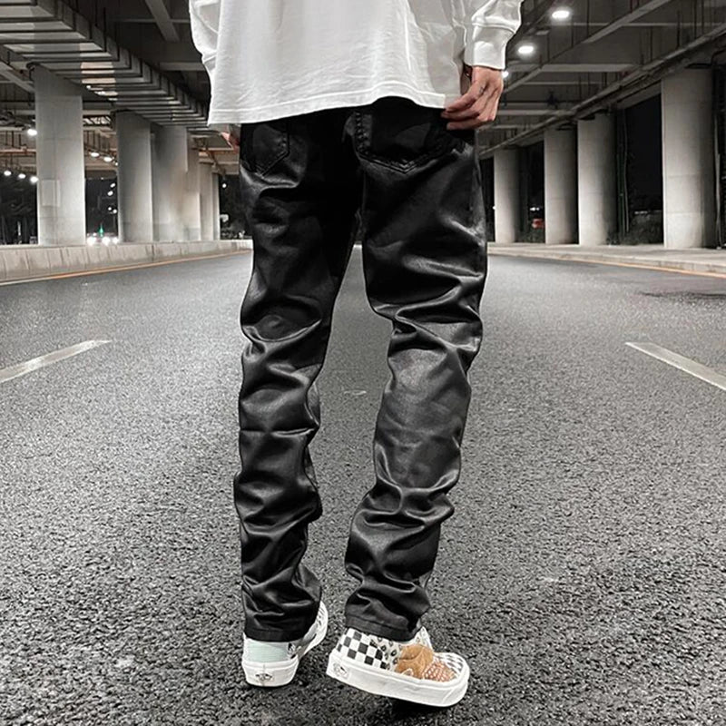 harajuku black jeans mens vibe waxed casual trousers straight pockets oversized pencil pants loose hip hop mens pants unique jeans style 4456
