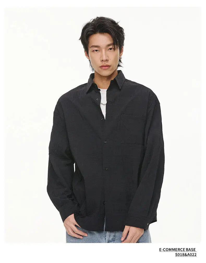 Wrinkled Fabric Casual Long Sleeve Shirt Men and Women Solid Color Streetwear Fashion Loose Black White Shirts Oversize Blouses