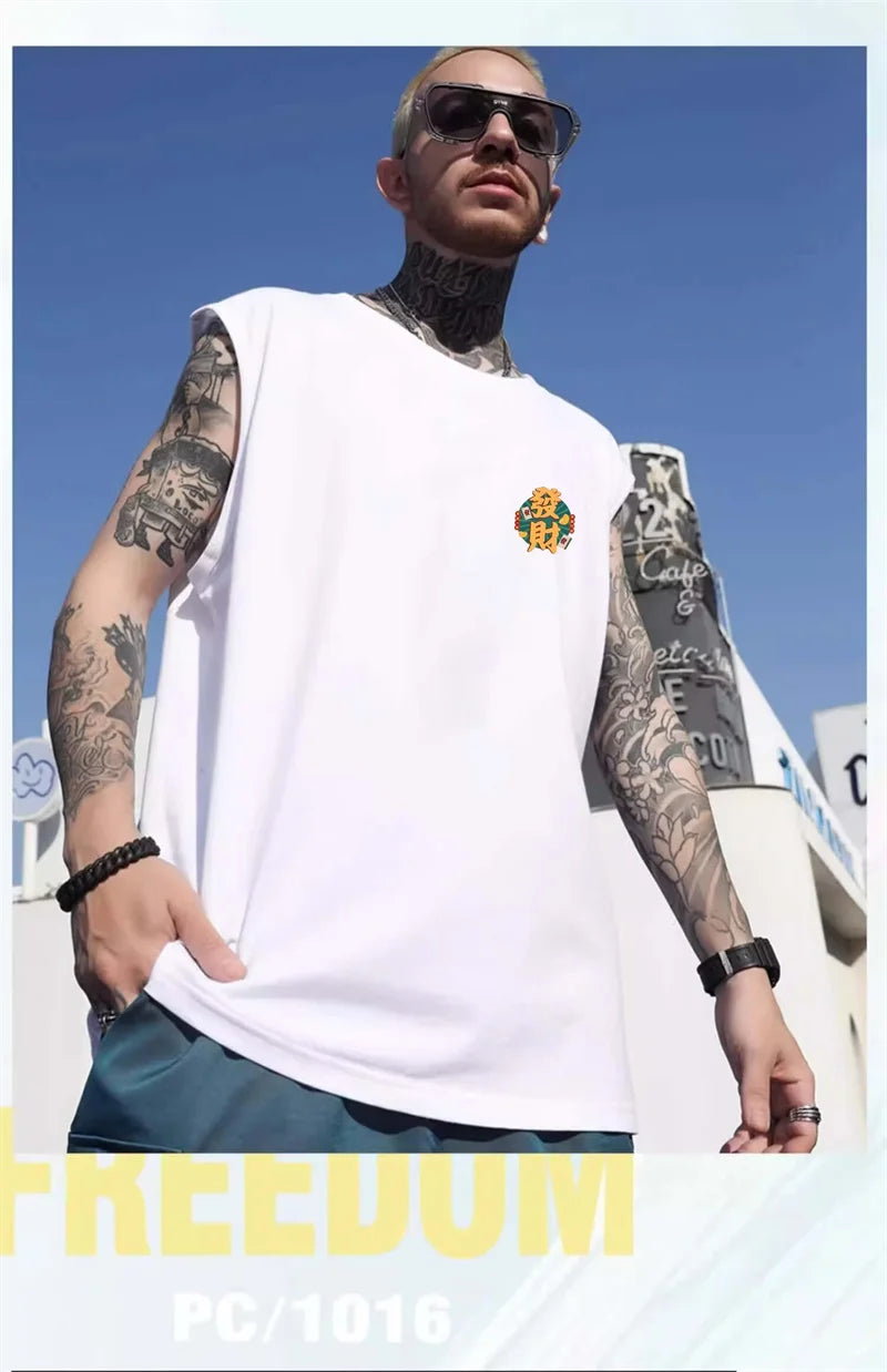 Sadcore Oversized shirt – Mens Chinese Character Print Sleeveless T Shirt Summer Fashion