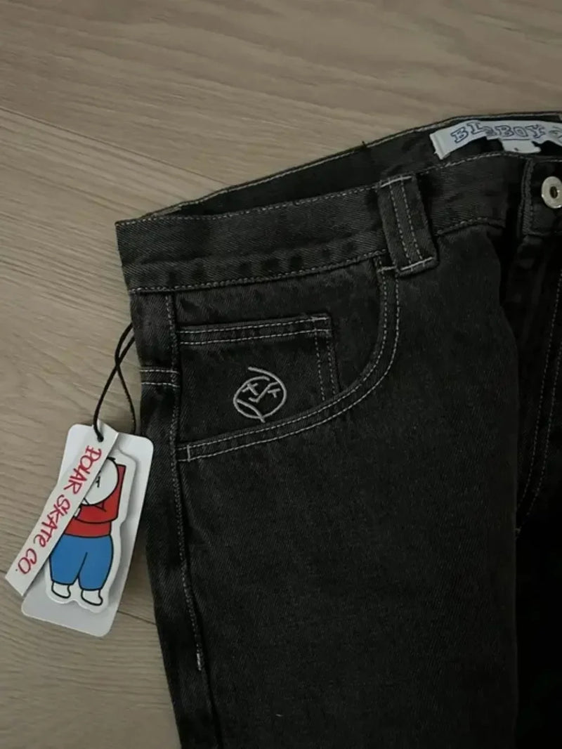 hip hop polar big boy jeans y2k japanese harajuku cartoon embroidery retro baggy jeans black pants womens mens wide leg trouser unique jeans style 4056
