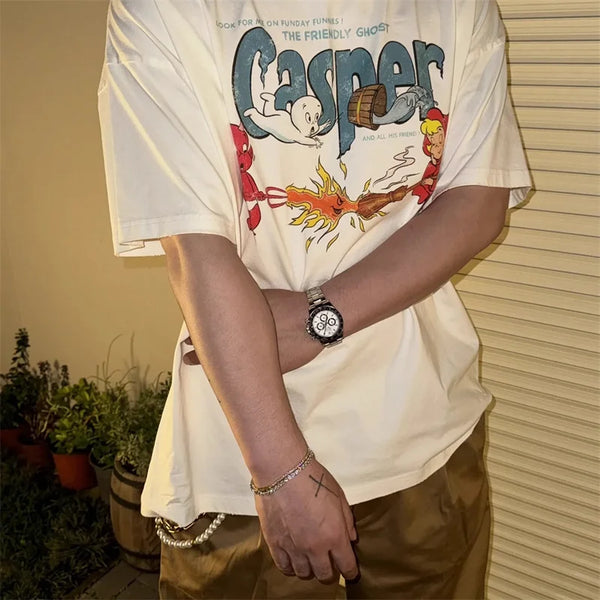 Skatercore Aesthetic print tee – Casper 2024 Summer Mens Short Sleeved High Quality Vintage T
