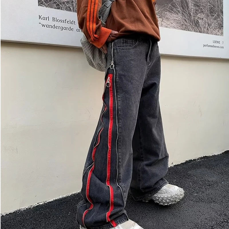 2023 cool design side zipper oversize hip hop men wide jeans pants y2k clothes straight loose punk denim trousers pantalon homme denim street jeans