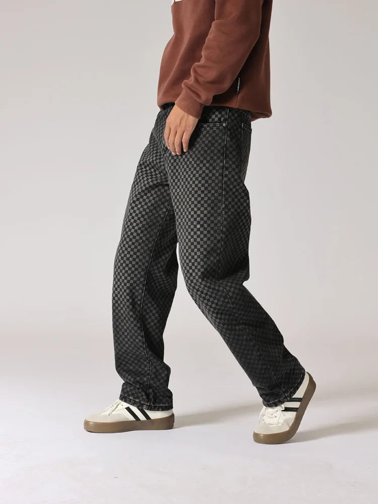 men streetwear fashion hip hop loose casual print black plaid denim pant jeans man vibe straight cowboy baggy jeans trousers unique jeans style 1565