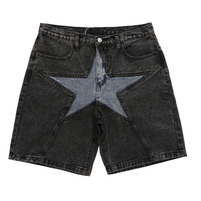 hip hop loose denim shorts pants fashion patchwork stars half pant men summer casual zipper streetwear short joggers men shorts unique joggers style 2816