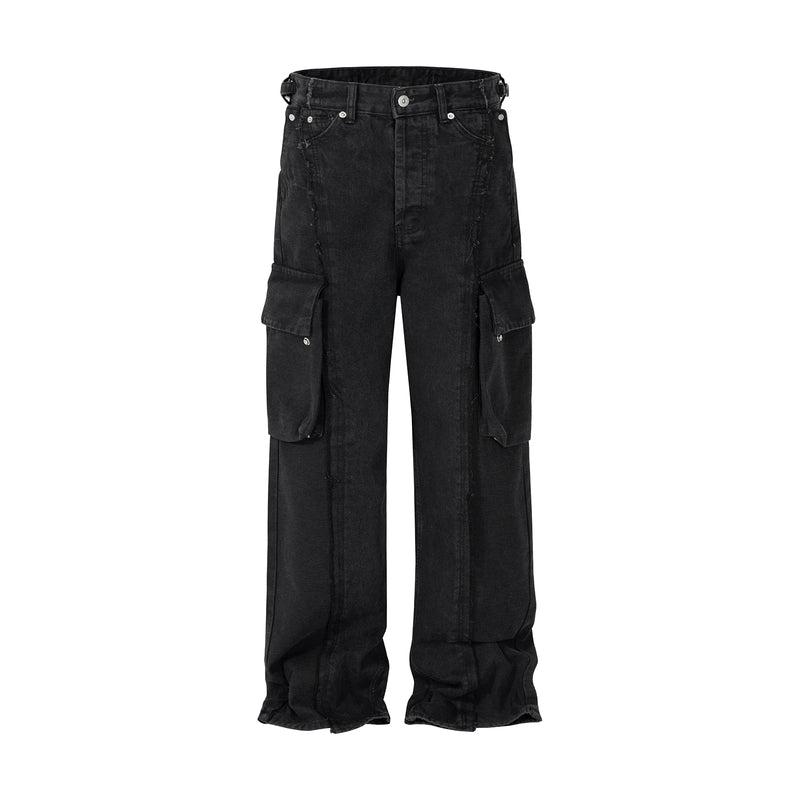 y2k streetwear tassel multi pocket jeans for men straight solid baggy cargo pants pantalones hombre casual denim trousers baggy cargo bottoms