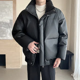 Winter Stand Collar Thicken Leather Short Jacket Men Fashion Loose Casual Warm Cotton-padded PU Leather Bomber Jacket Parka Coat