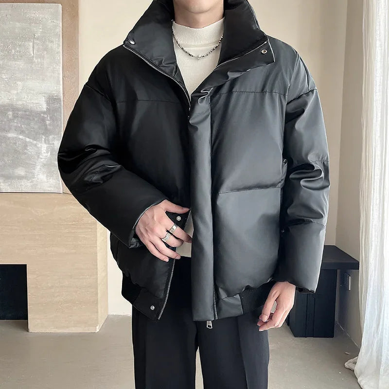 Winter Stand Collar Thicken Leather Short Jacket Men Fashion Loose Casual Warm Cotton-padded PU Leather Bomber Jacket Parka Coat