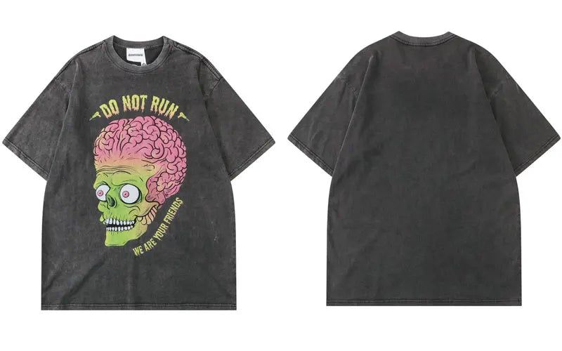 Y2k Aesthetic print tee – Men Punk T Shirt Hip Hop Funny Brain Zombie Print Distressed
