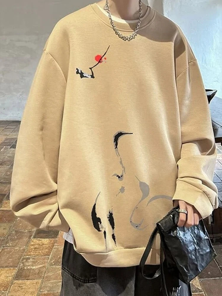 Ink Painting Cartoon Crane Printed Pullover Hoodies For Men 2024 New H