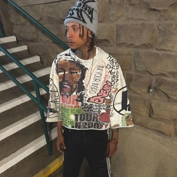 Hip Hop Graffiti Style Graphic Y2k T Shirts Mid Long Sleeve Men Women Punk Printed Harajuku Loose Oversized T Shirt