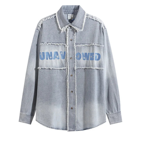 Vintage Letter Printed Denim Shirts Tassel Patchwork Oversized Shirt M