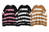 fashion striped sweaters women casual botton open sleeves butterfly knitted streetwear y2k warm furry o neck pullover knitwear - soft fleece-lined outerwear, 2025 streetwear drop, Y2K grunge street style