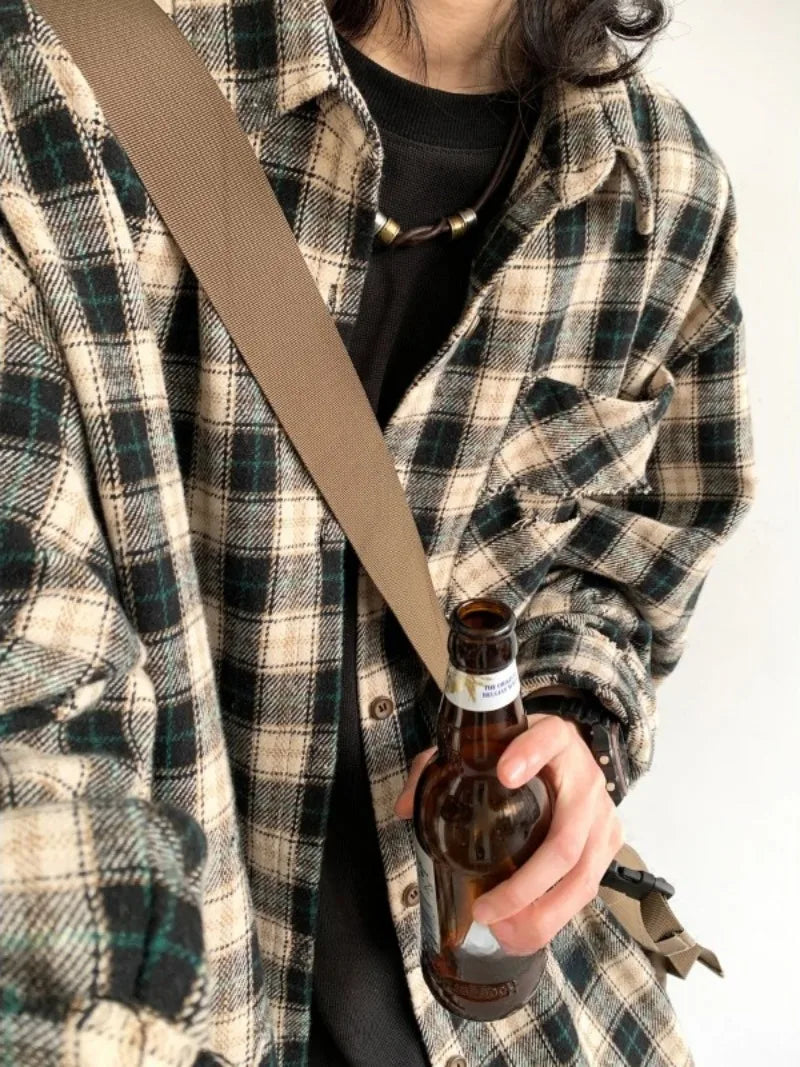 japanese college mens sets rough edge embroidery plaid shirt jackets big pocket retro cargo pants 2 pcs 2024 new casual suits unique cargo style 4449