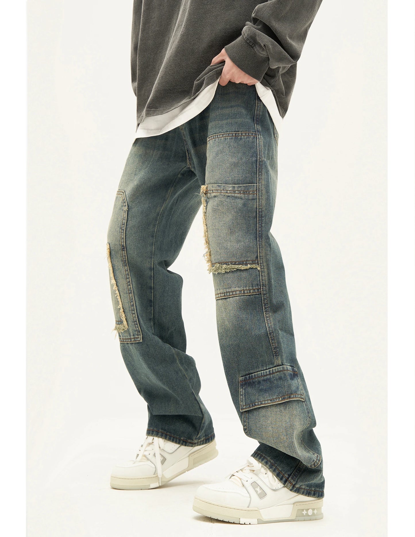 retro washed denim jeans destroyed ripped loose mens biker jeans side pocket fashion streetwear hip hop straight pants joggers unique joggers style 2212
