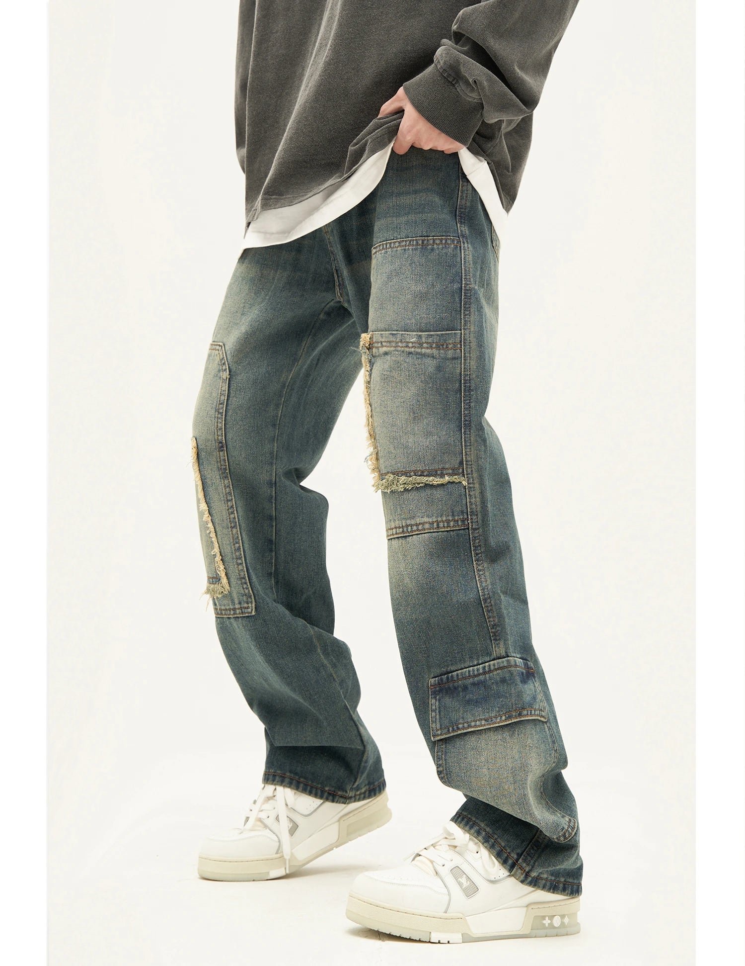 retro washed denim jeans destroyed ripped loose mens biker jeans side pocket fashion streetwear hip hop straight pants joggers unique joggers style 2212