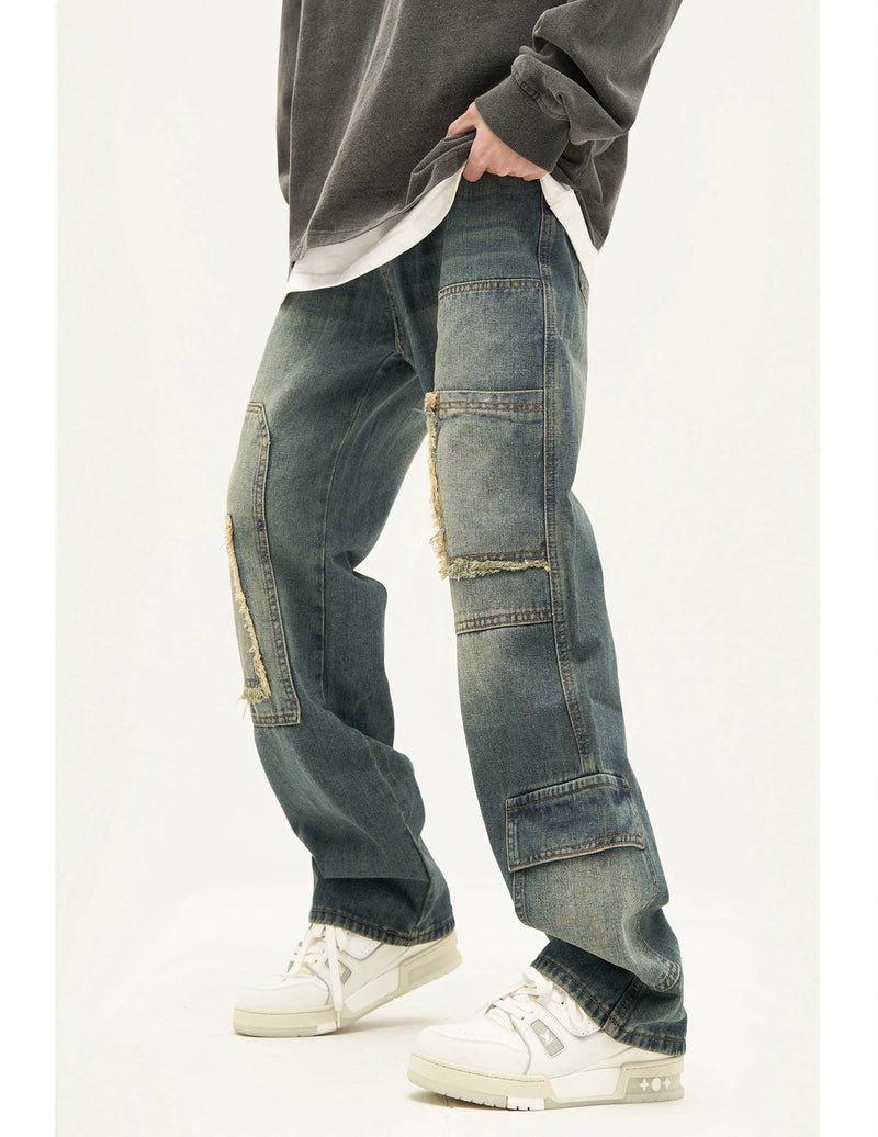 retro washed denim jeans destroyed ripped loose mens biker jeans side pocket fashion streetwear hip hop straight pants joggers unique joggers style 2212