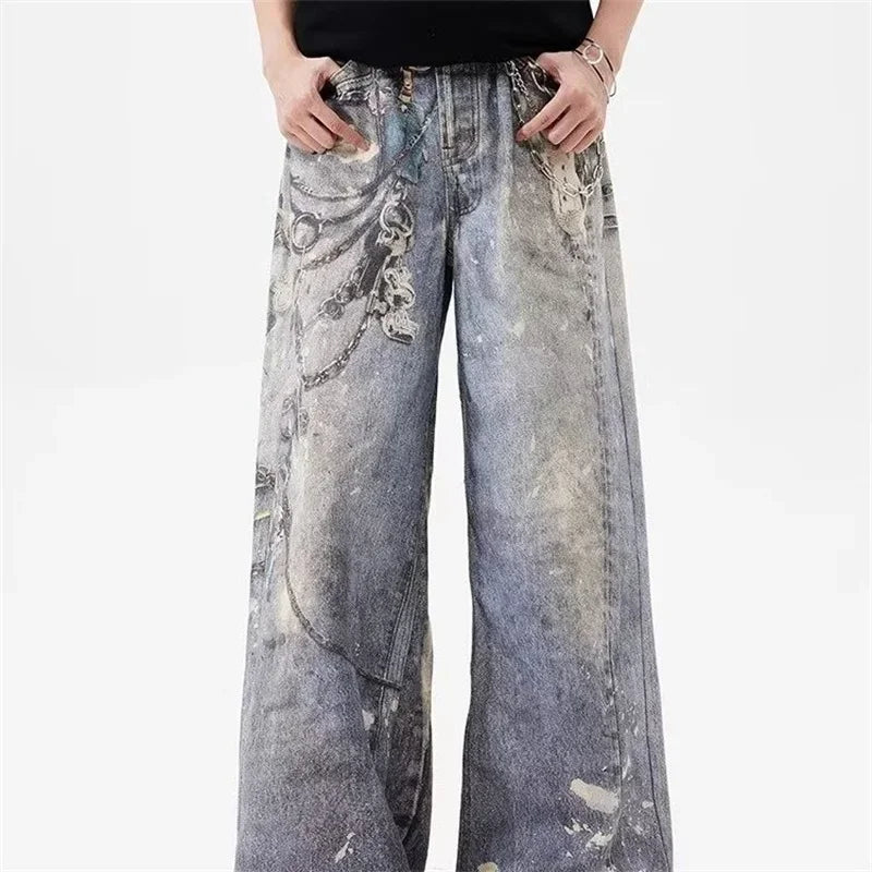 new 3d chain printed baggy jeans for men and women casual baggy straight denim pants high street wide leg y2k blue jean unique jeans style 434