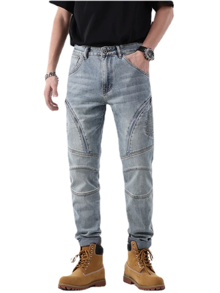 zipper hole patchwork pleated skinny denim jeans men casual slim fit biker trouser jeans fashion streetwear hip hop jean joggers relaxed fit joggers