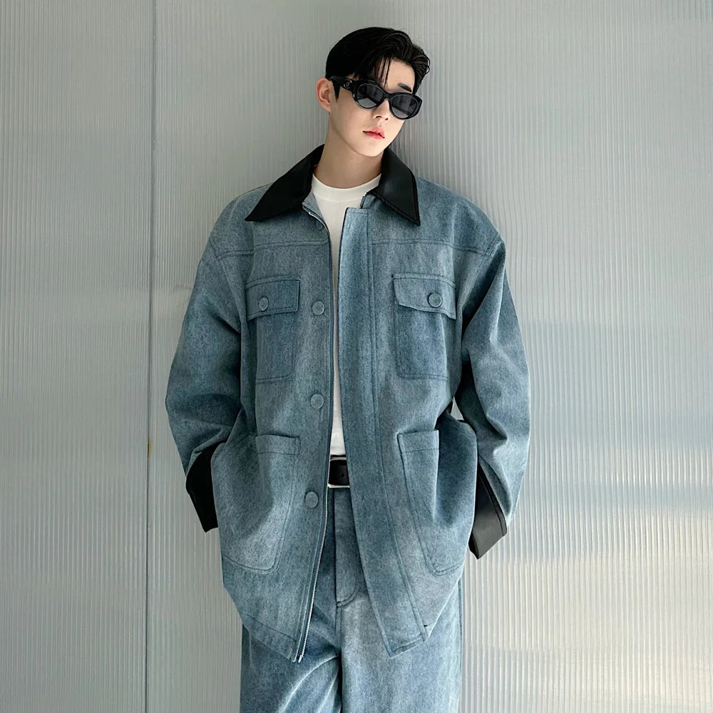 fashion show suits men streetwear washed denim splice loose casual jacket wide leg jeans pants 2 piece sets coat trousers suits stacked flare jeans