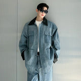 fashion show suits men streetwear washed denim splice loose casual jacket wide leg jeans pants 2 piece sets coat trousers suits stacked flare jeans