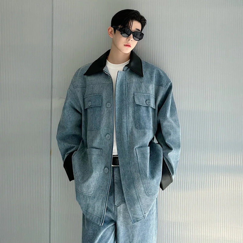fashion show suits men streetwear washed denim splice loose casual jacket wide leg jeans pants 2 piece sets coat trousers suits stacked flare jeans
