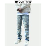 mens high street denim jean pants new casual blue slim ripped holes straight zipper jeans trousers hip hop streetwear joggers sporty tapered joggers