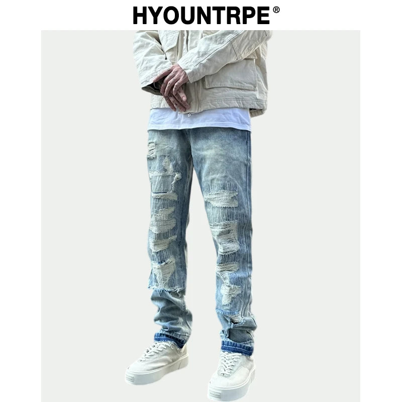 mens high street denim jean pants new casual blue slim ripped holes straight zipper jeans trousers hip hop streetwear joggers sporty tapered joggers