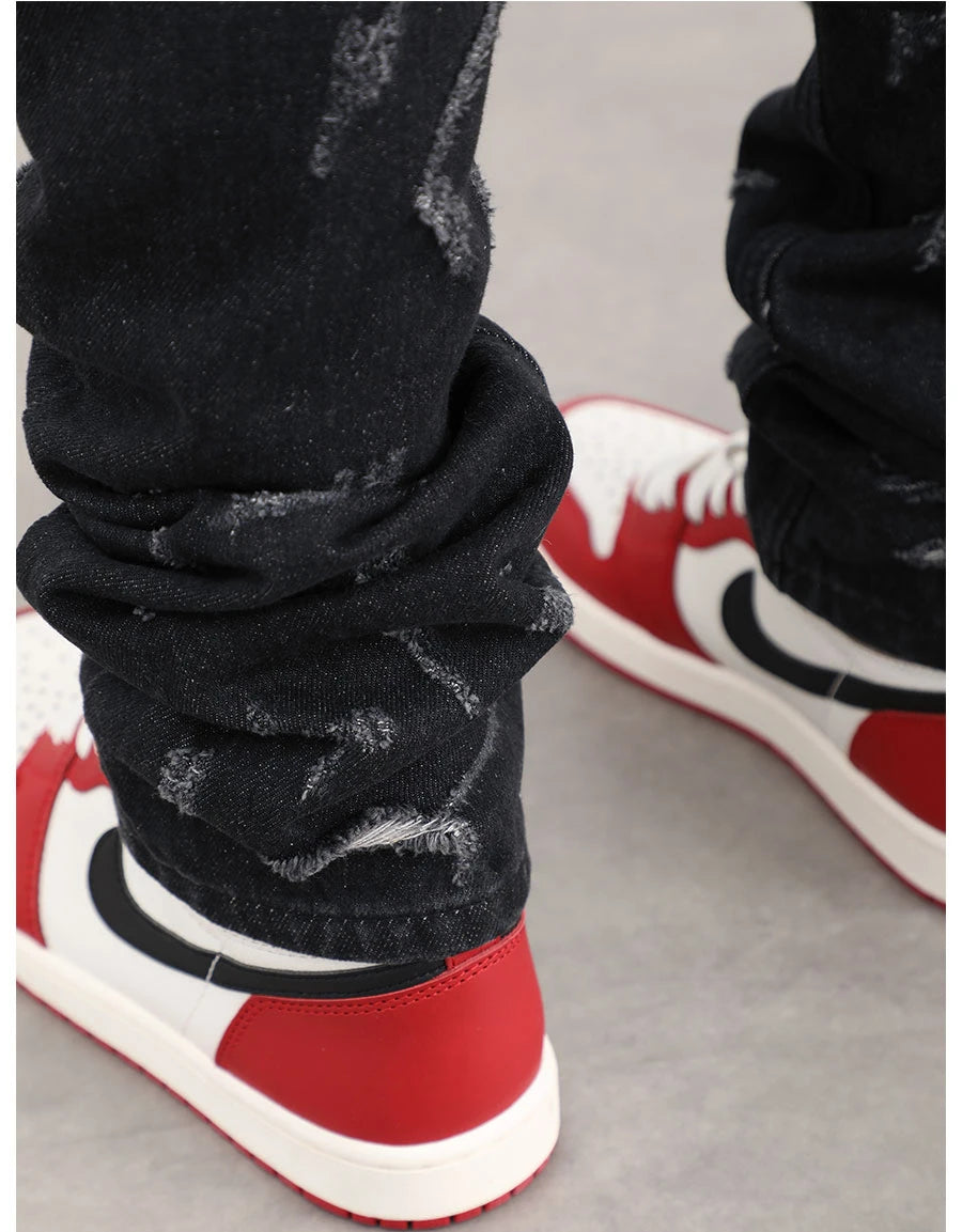 harajuku scratched ripped holes denim jeans mens zipper jeans hip hop fashion streetwear new casual straight joggers jean pants unique joggers style 2656