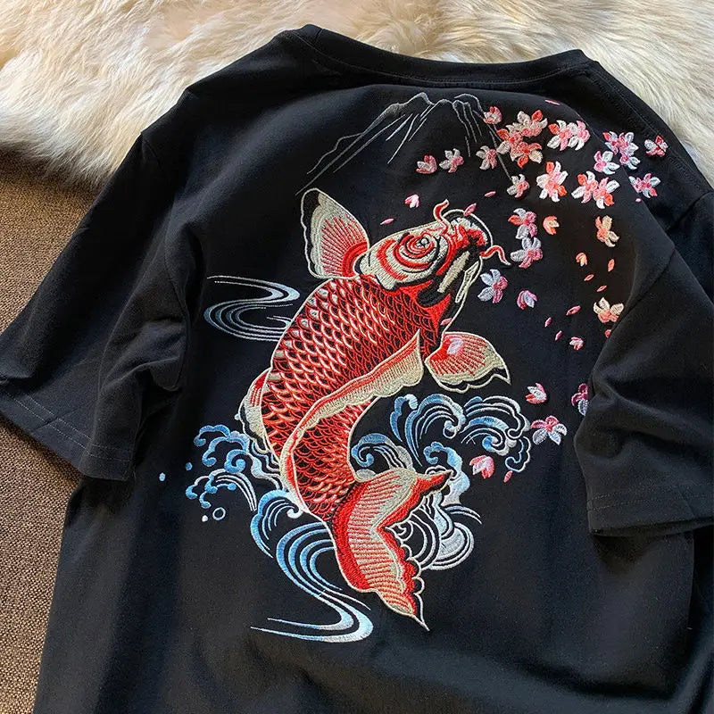 Cyberpunk Graphic Tee – New Summer Aesthetic Vintage Carp Fish Embroidery T Shirts W – Modern Streetwear for Everyone