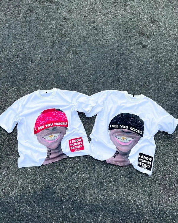 Y2k European and American Summer Trendy Brand Cartoon Printed Short-sleeved Retro Hip-hop Fashion Loose Oversized Top Women