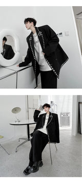 men streetwear fashion loose casual rivet hip hop party dress 2 piece suits blazers jacket pant sets stage clothing costume unique default style 1551