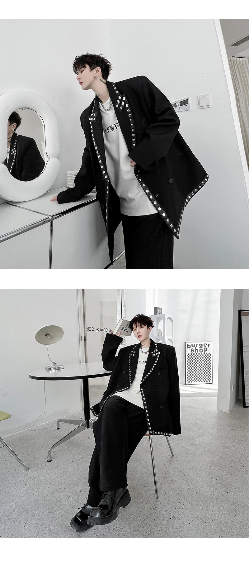 men streetwear fashion loose casual rivet hip hop party dress 2 piece suits blazers jacket pant sets stage clothing costume unique default style 1551