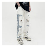 mens high street denim jean pants casual loose destroyed ripped holes straight jeans side patchwork hip hop streetwear joggers unique joggers style 2749