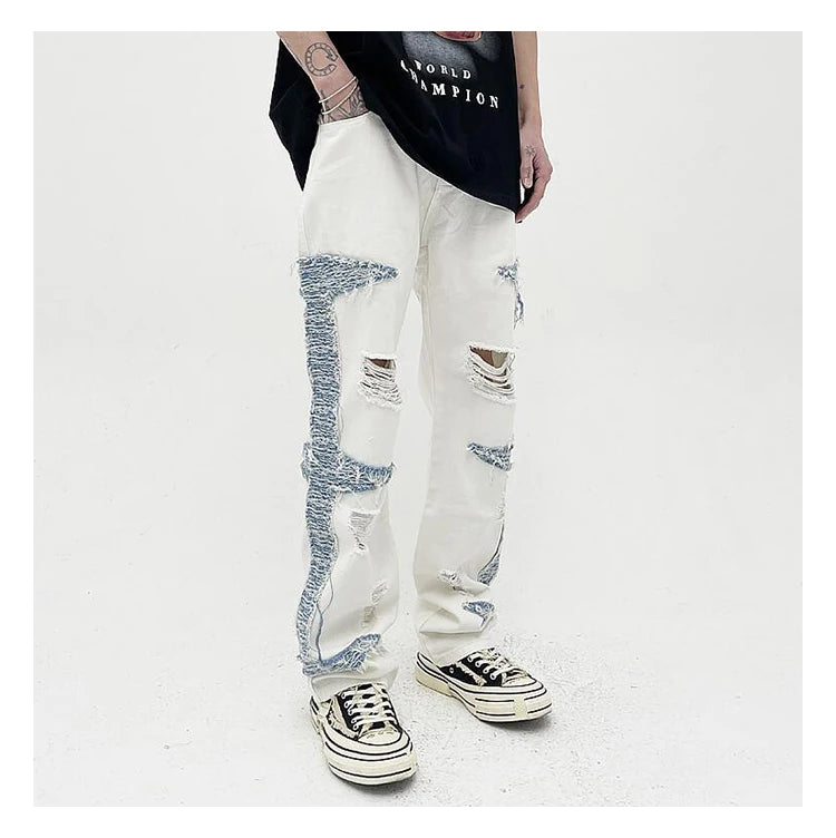 mens high street denim jean pants casual loose destroyed ripped holes straight jeans side patchwork hip hop streetwear joggers unique joggers style 2749