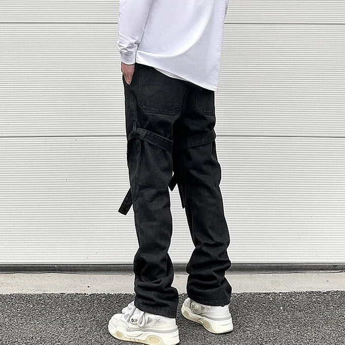 fashion knee adjust belt decoration denim jeans zipper straight jeans hip hop streetwear mens casual loose joggers jeans pants unique joggers style 2571