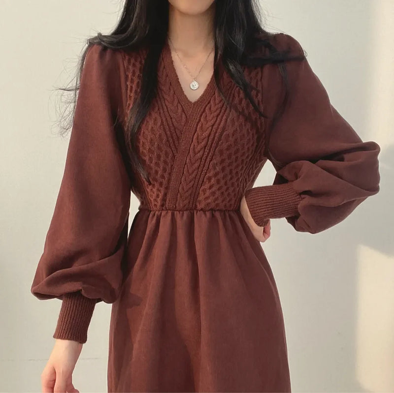 Winter Dress Long Elegant Splicing Stripes Y2k Knitted Dress Women Koean Fashion Long Sleeve Dresses Female Club Party Vestidos