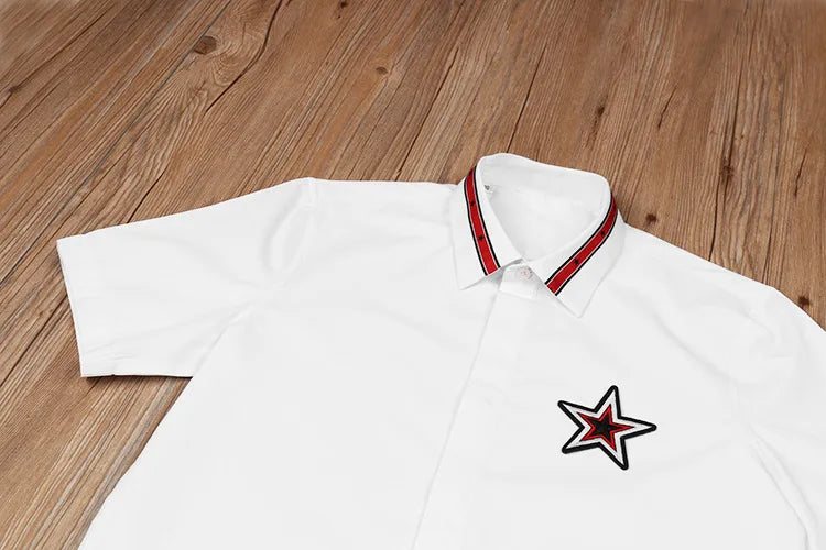 New 2021 Luxury Men Classic Embroidered stars stripes Ribbon Fashion Cotton Casual Shirts Shirt High Quality Short Sleeves A118