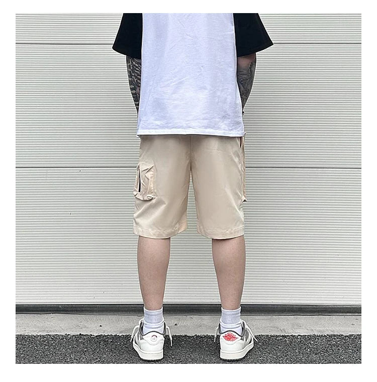 Retro Fashion Vibe Summer Cargo Shorts Functional Pockets Press Glue Zipper Straight Shorts Baggy Casual Split Knee-length