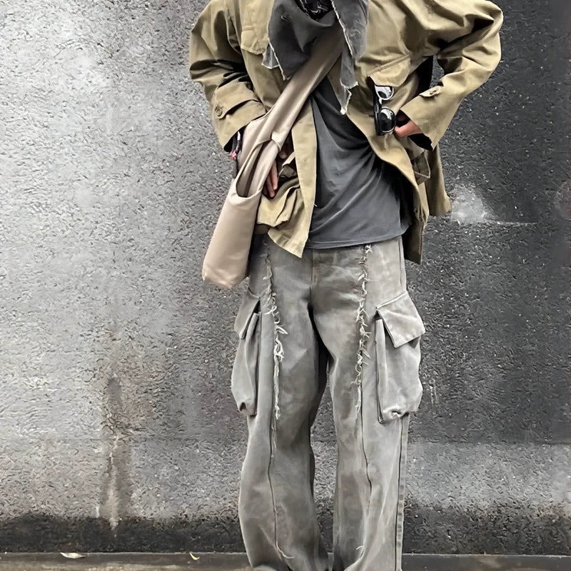 y2k streetwear tassel multi pocket jeans for men straight solid baggy cargo pants pantalones hombre casual denim trousers unique cargo style 763