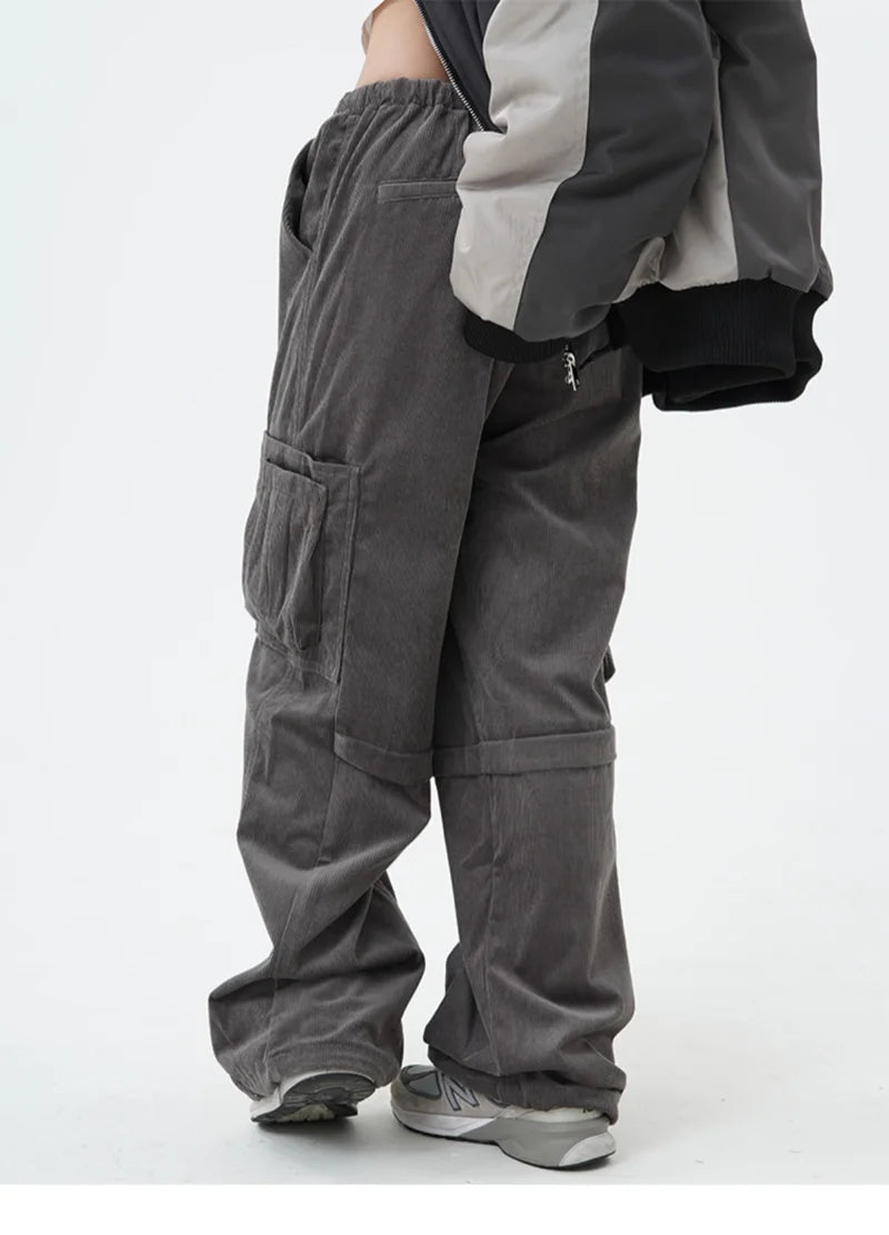 women high street corduroy pants casual elastic waist side pocket loose straight pant unisex hip hop y2k loose streetwear jogger sporty tapered joggers
