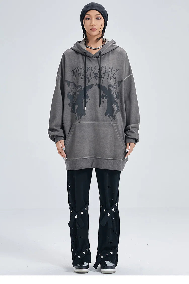 Hip Hop Streetwear Hoodie Sweatshirt Men Dark Style Angel Print Pullov
