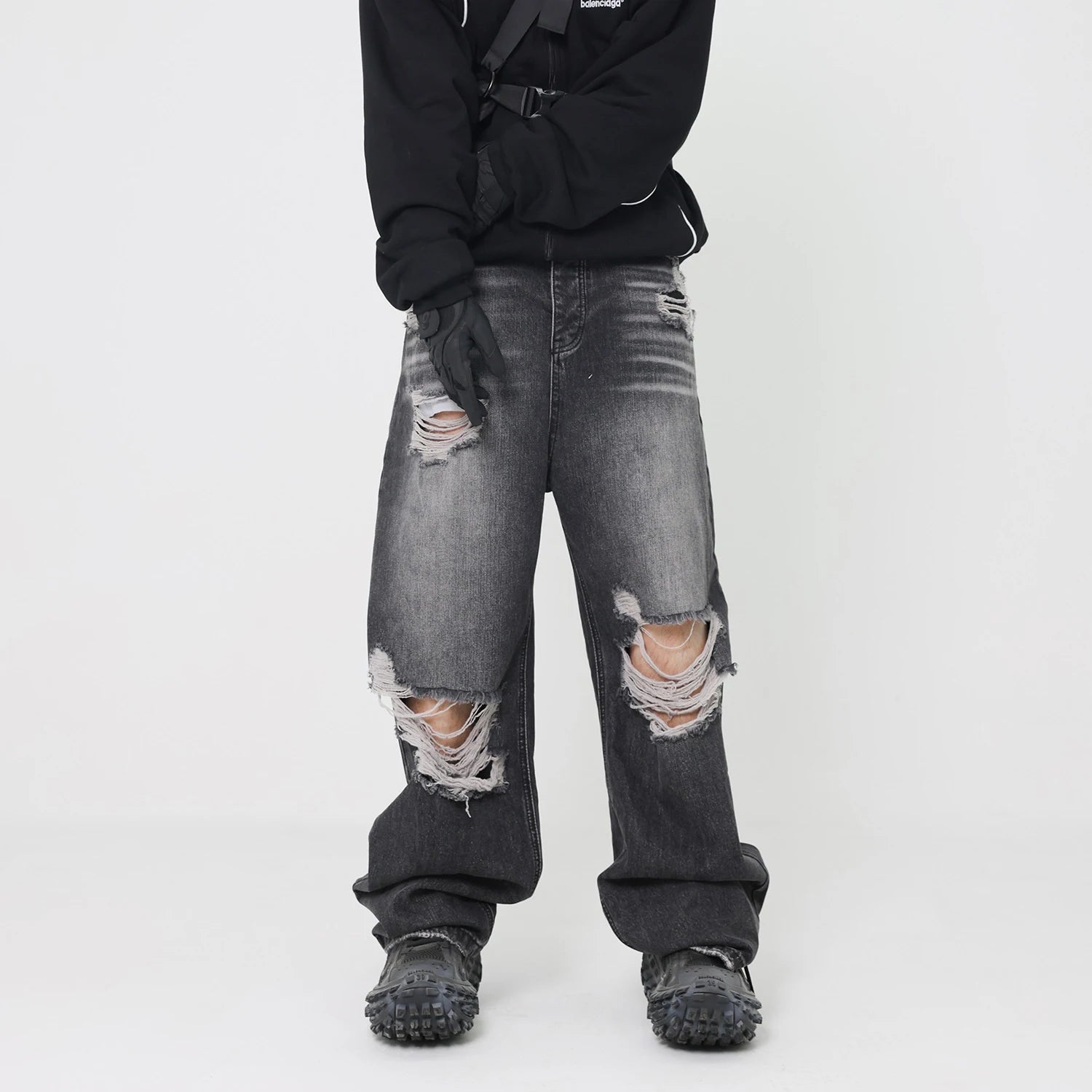 retro black blue straight oversized washed torn jeans solid color ripped jeans baggy hip hop destroyed men wide leg jeans pant vintage washed jeans