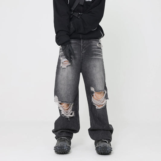 retro black blue straight oversized washed torn jeans solid color ripped jeans baggy hip hop destroyed men wide leg jeans pant vintage washed jeans