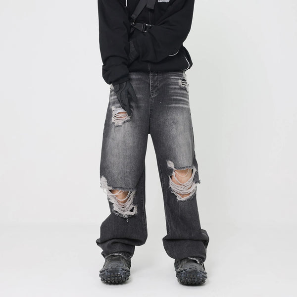 retro black blue straight oversized washed torn jeans solid color ripped jeans baggy hip hop destroyed men wide leg jeans pant vintage washed jeans